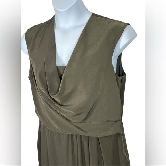 Adrianna Papell Olive Drape Neck Faux Wrap Sleeveless Midi Dress 16 - Picture 6 of 12